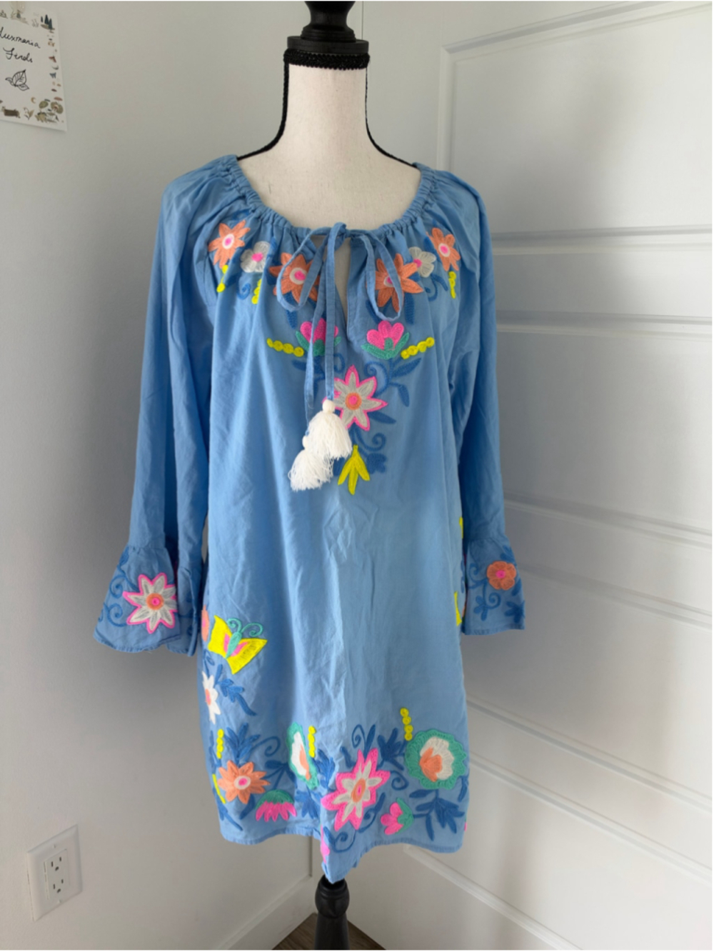100% Cotton Debbie Katz South Beach Embroidered Floral Mini Dress Blue Size L